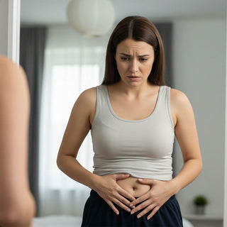 Woman looking in the mirror, concerned about cortisol belly, highlighting the impact of stress hormones on abdominal fat.