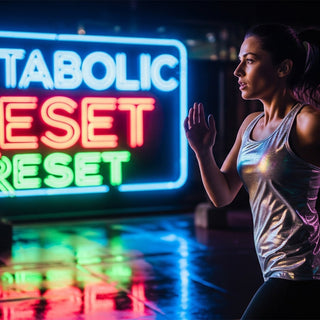 Energetic person running past glowing neon sign reading 'Metabolism Reset', symbolizing active lifestyle and metabolic vitality.