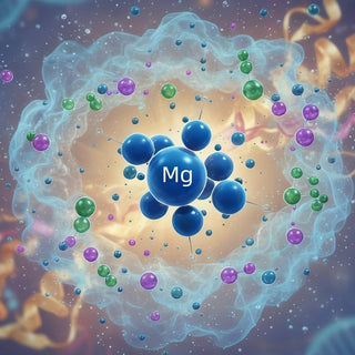 A scientific illustration of a single magnesium ion (Mg2+), showing its central atomic nucleus and electron shells. The image highlights its positive charge and compact structure, representing its role at a molecular level.