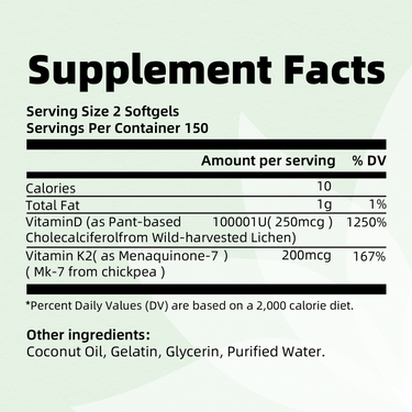Supplement Facts – Vegan D3 10,000 IU + K2 200 mcg with MCT Oil – Non-GMO