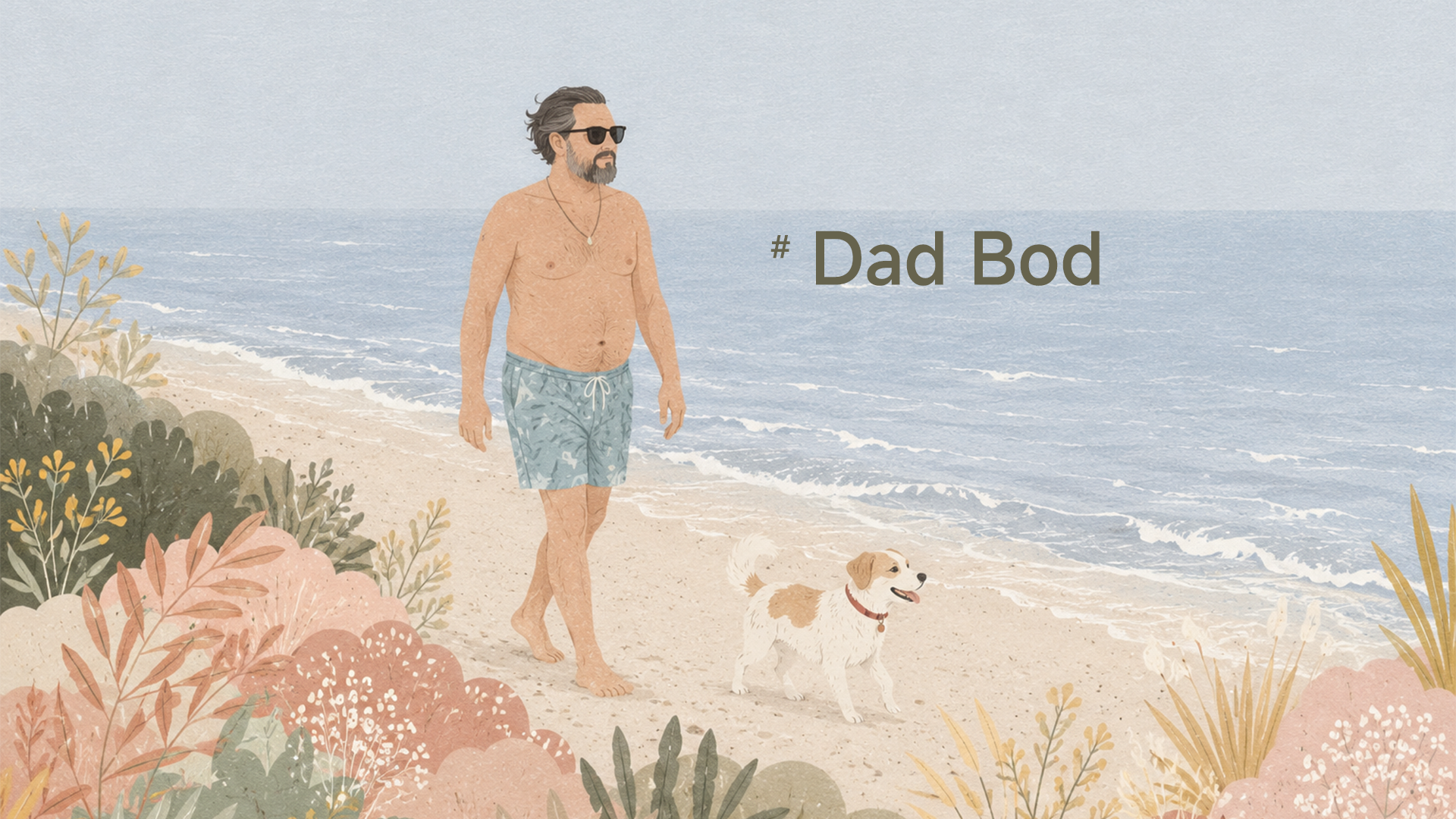 Soft muted tone illustration of dad bod middle-aged bearded man wearing swim shorts and sunglasses walking a cute white and brown dog along calm quiet ocean beach, coastal foliage art for dad body lifestyle