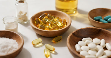 Scattered magnesium oxide capsules and supplement bottles on a messy countertop, highlighting the inconsistency and poor absorption of traditional magnesium forms.
