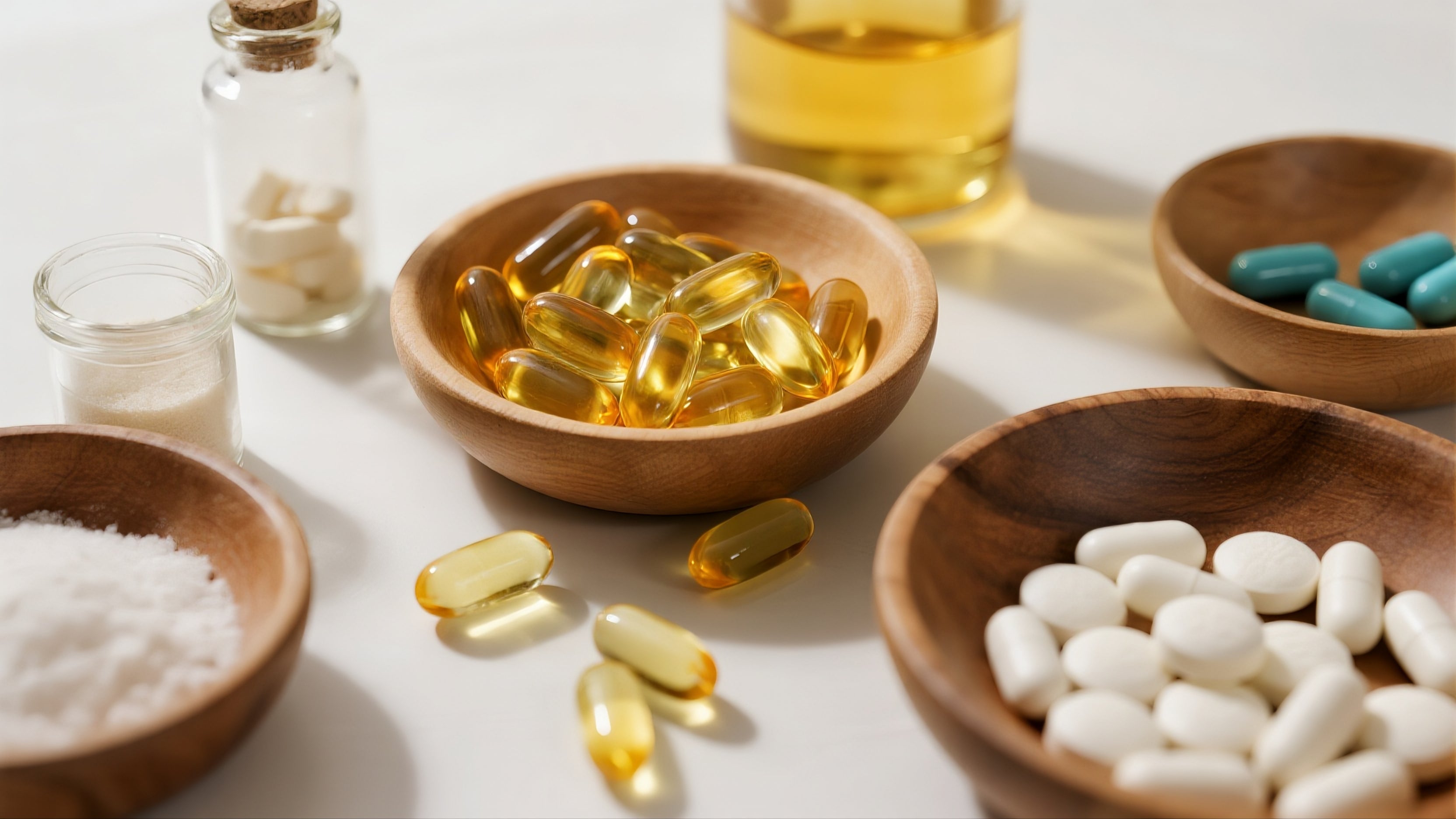 Scattered magnesium oxide capsules and supplement bottles on a messy countertop, highlighting the inconsistency and poor absorption of traditional magnesium forms.