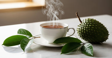 Fresh organic soursop leaves simmering in a cup, creating a soothing soursop leaf tea.