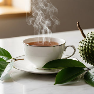 Fresh organic soursop leaves simmering in a cup, creating a soothing soursop leaf tea.