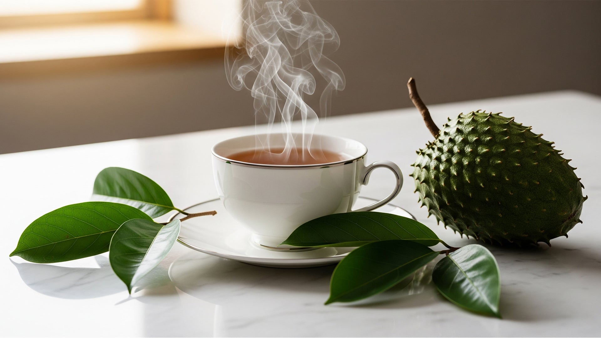 Fresh organic soursop leaves simmering in a cup, creating a soothing soursop leaf tea.