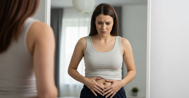 Woman looking in the mirror, concerned about cortisol belly, highlighting the impact of stress hormones on abdominal fat.