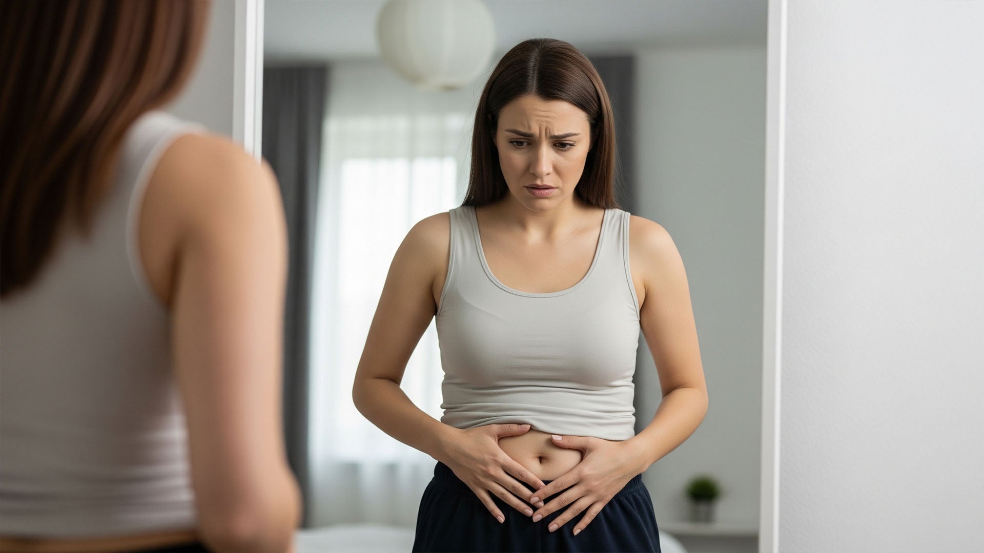 Woman looking in the mirror, concerned about cortisol belly, highlighting the impact of stress hormones on abdominal fat.