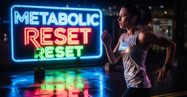 Energetic person running past glowing neon sign reading 'Metabolism Reset', symbolizing active lifestyle and metabolic vitality.