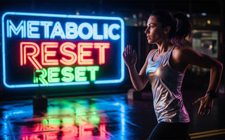 Energetic person running past glowing neon sign reading 'Metabolism Reset', symbolizing active lifestyle and metabolic vitality.
