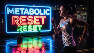 Energetic person running past glowing neon sign reading 'Metabolism Reset', symbolizing active lifestyle and metabolic vitality.