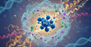 A scientific illustration of a single magnesium ion (Mg2+), showing its central atomic nucleus and electron shells. The image highlights its positive charge and compact structure, representing its role at a molecular level.