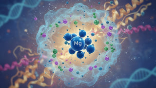 A scientific illustration of a single magnesium ion (Mg2+), showing its central atomic nucleus and electron shells. The image highlights its positive charge and compact structure, representing its role at a molecular level.