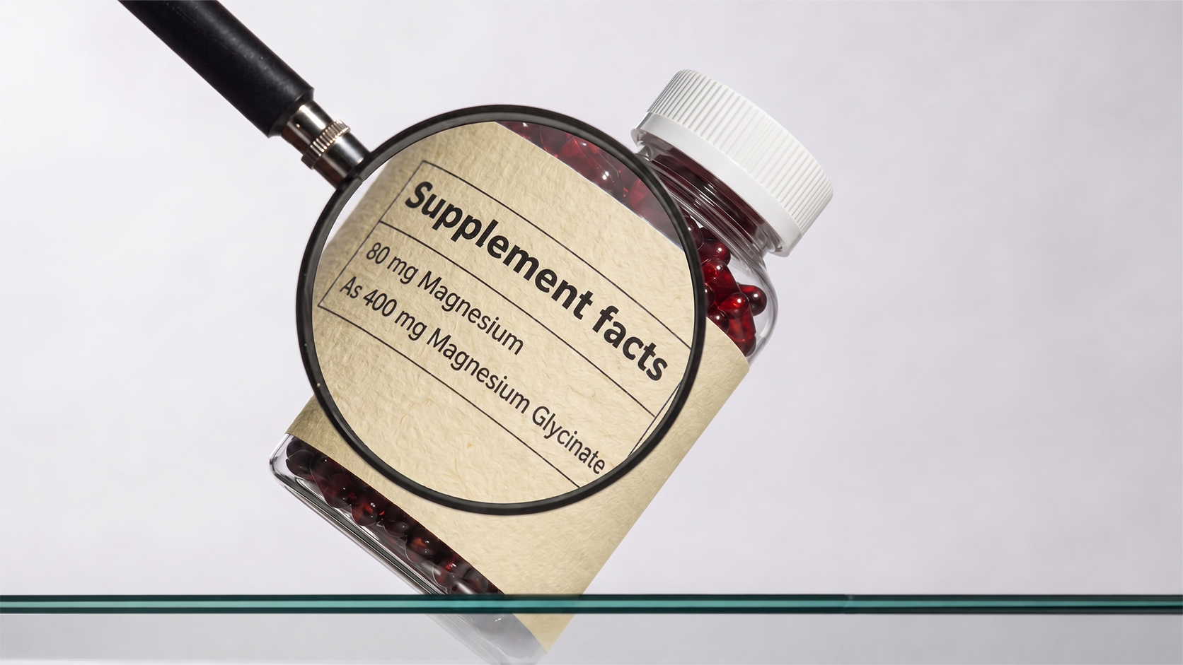 Magnifying glass checking magnesium glycinate supplement facts label on red softgel mineral supplement bottle, 80mg elemental magnesium from 400mg glycinate, clean supplement product photo