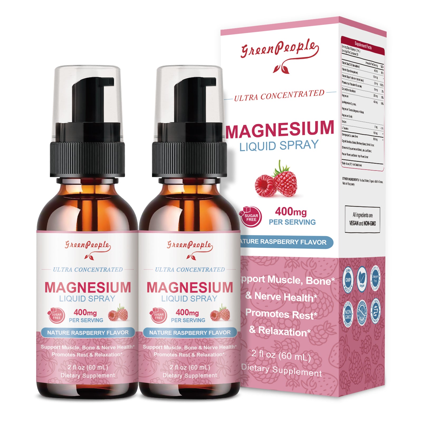 GREENPEOPLE Magnesium Complex Liquid Spray 400mg of Magnesium Glycinate Raspberry Flavor