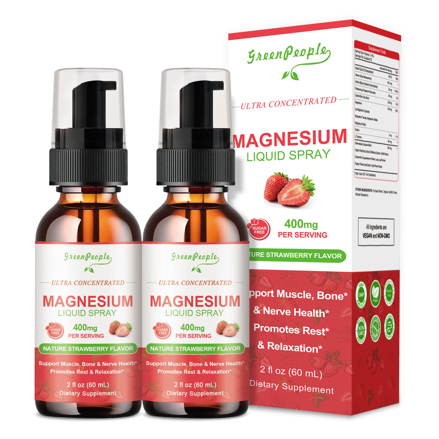 GREENPEOPLE Magnesium Complex Liquid Spray Strawberry Flavor 400mg of Magnesium Glycinate, Taurate, Malate & Oxide