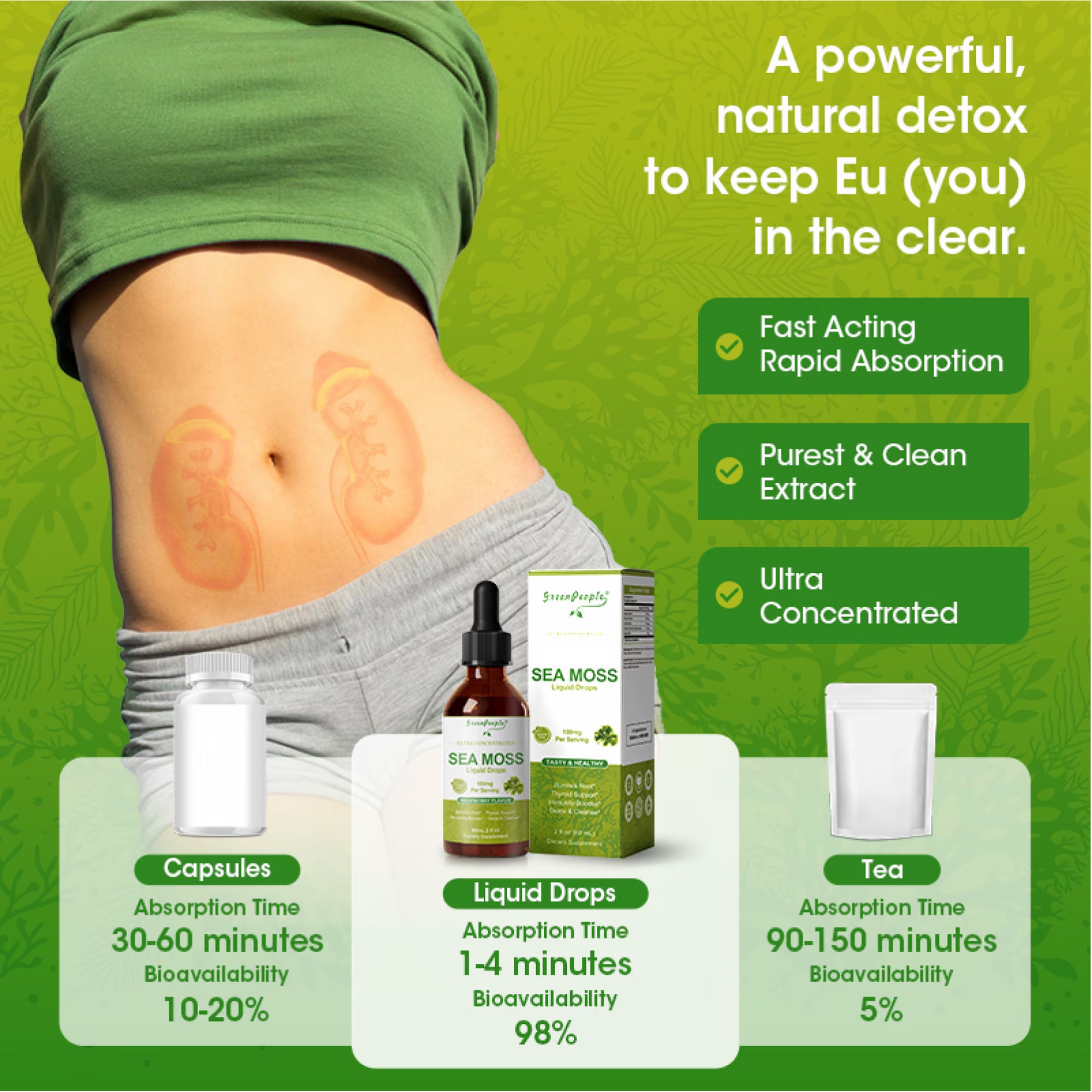 GreenPeople Irish Sea Moss Liquid Drops with burdock root and spirulina in a 2 fl oz bottle, showing the product and natural ingredients.