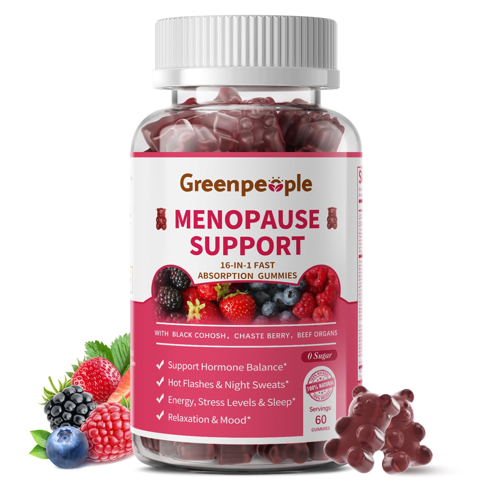 GreenPeople Menopause Relief Gummies — 16-in-1 Herbal + Beef Organ Support, Sugar-Free, 60 CT - GreenPeople