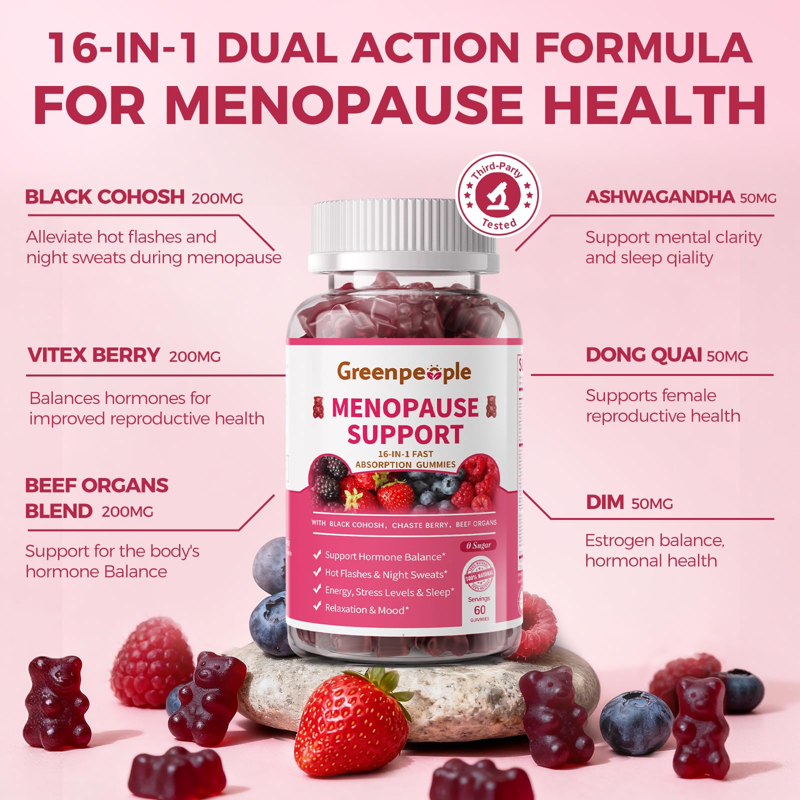 GreenPeople Menopause Relief Gummies — 16-in-1 Herbal + Beef Organ Support, Sugar-Free, 60 CT - GreenPeople