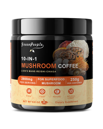 Mushroom Coffee Powder 2800 mg (80 Servings), 10-in-1 Mushroom Blend Supplement 250g (4.23 oz) by GreenPeople