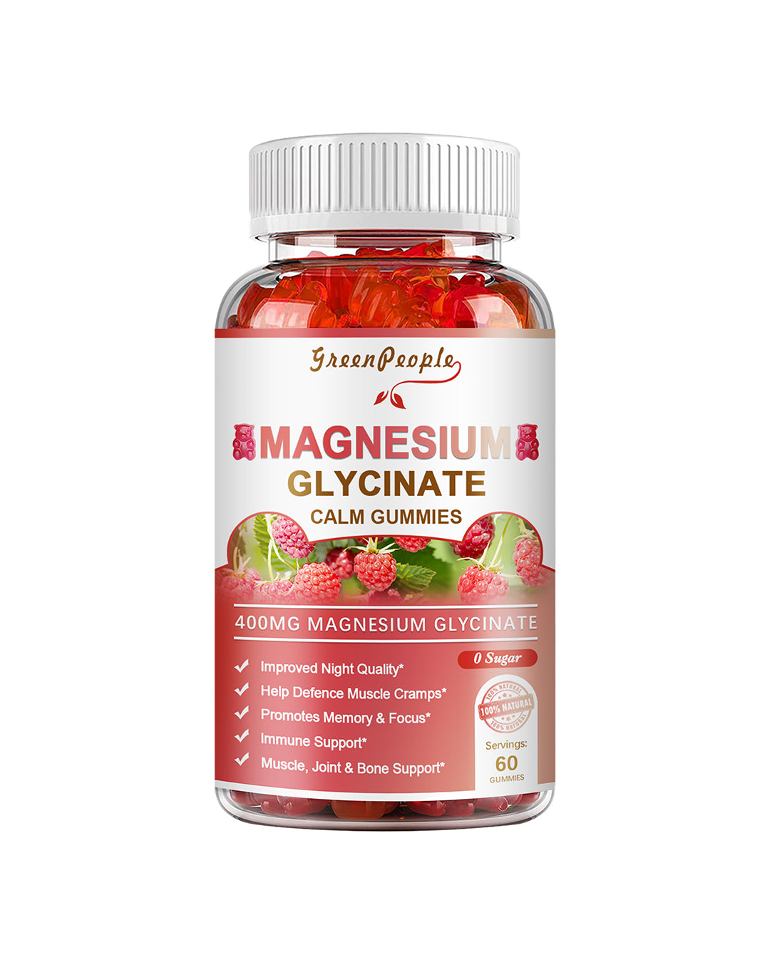 Magnesium Glycinate Gummies 400mg – Sleep Aid, Muscle & Nerve Support – Sugar-Free, Vegan Raspberry Flavor - GreenPeople
