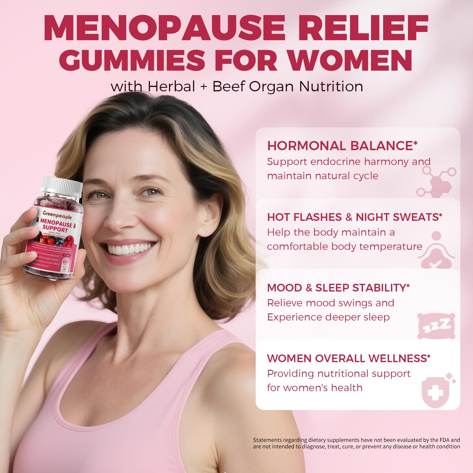GreenPeople Menopause Relief Gummies — 16-in-1 Herbal + Beef Organ Support, Sugar-Free, 60 CT - GreenPeople