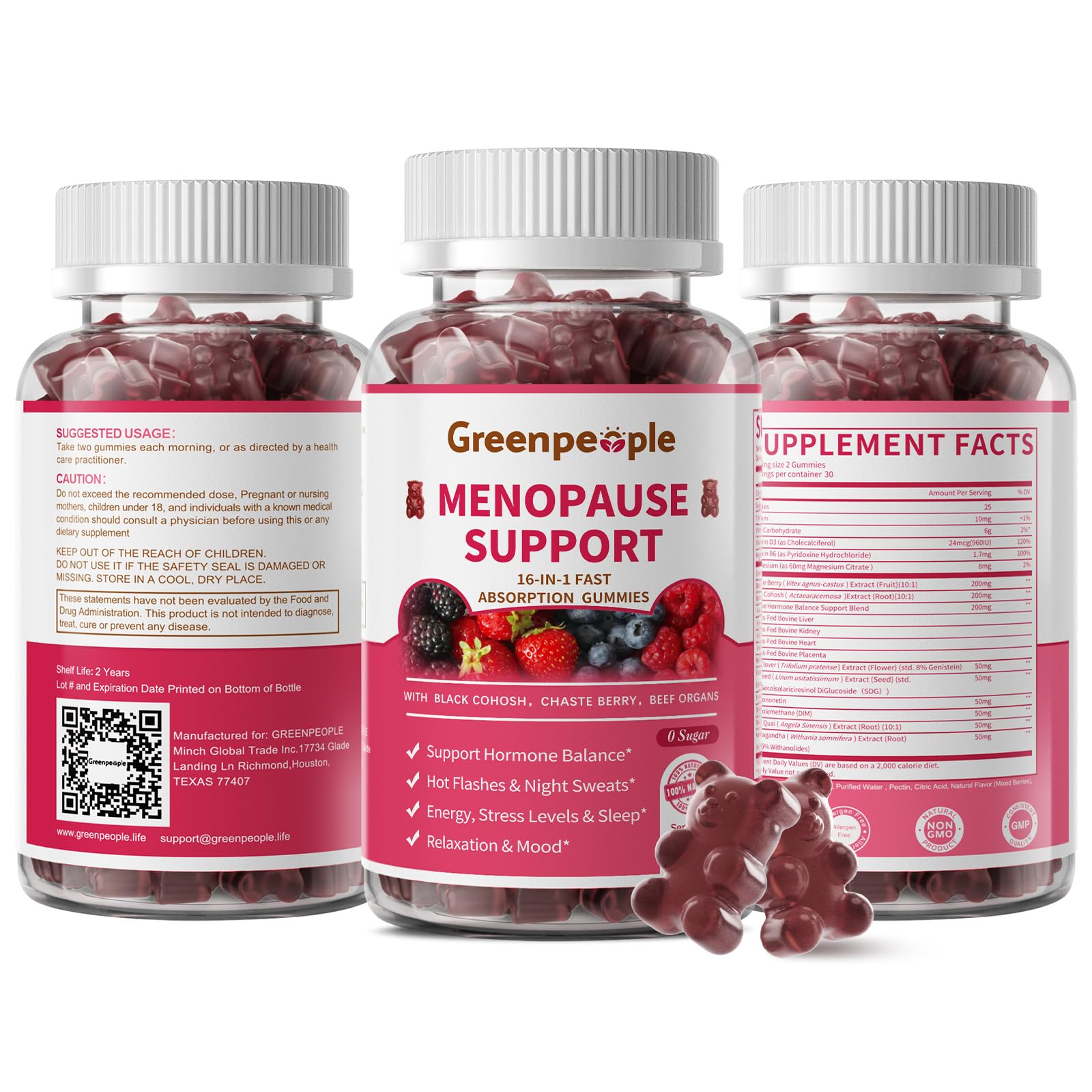 GreenPeople Menopause Relief Gummies — 16-in-1 Herbal + Beef Organ Support, Sugar-Free, 60 CT - GreenPeople