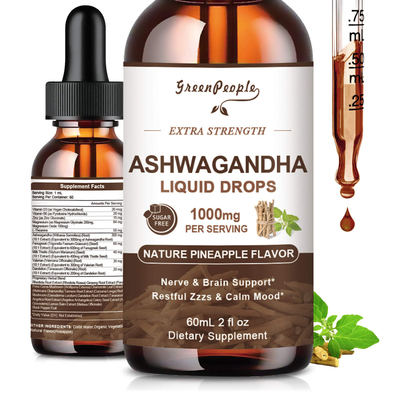 GREENPEOPLE Ashwagandha Liquid Drops Supplement for Men & Women 3000mg Gluten-Free