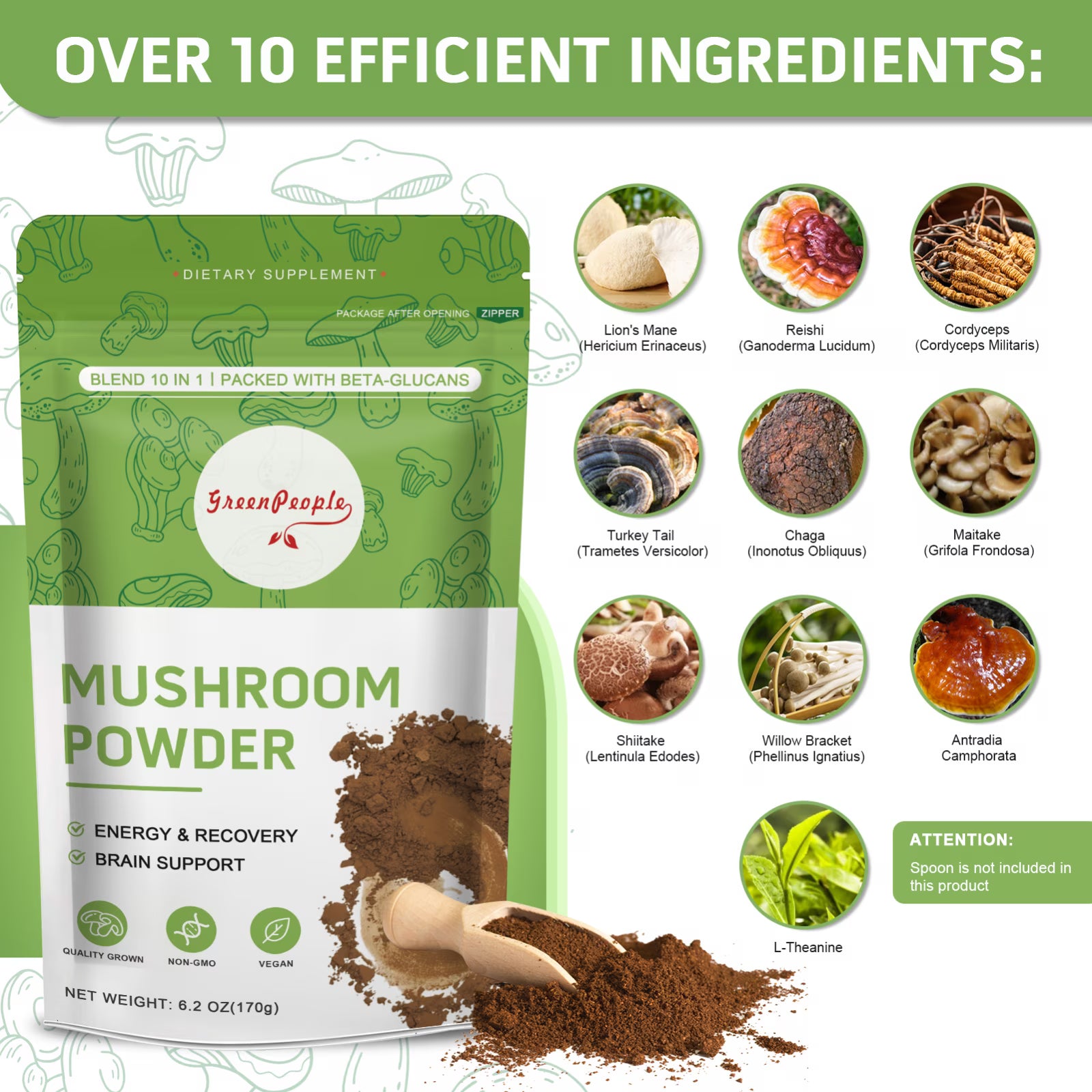GreenPeople mushroom coffee with 10 mushroom blend and cordyceps superfood powder in 6.2oz package, 60 servings