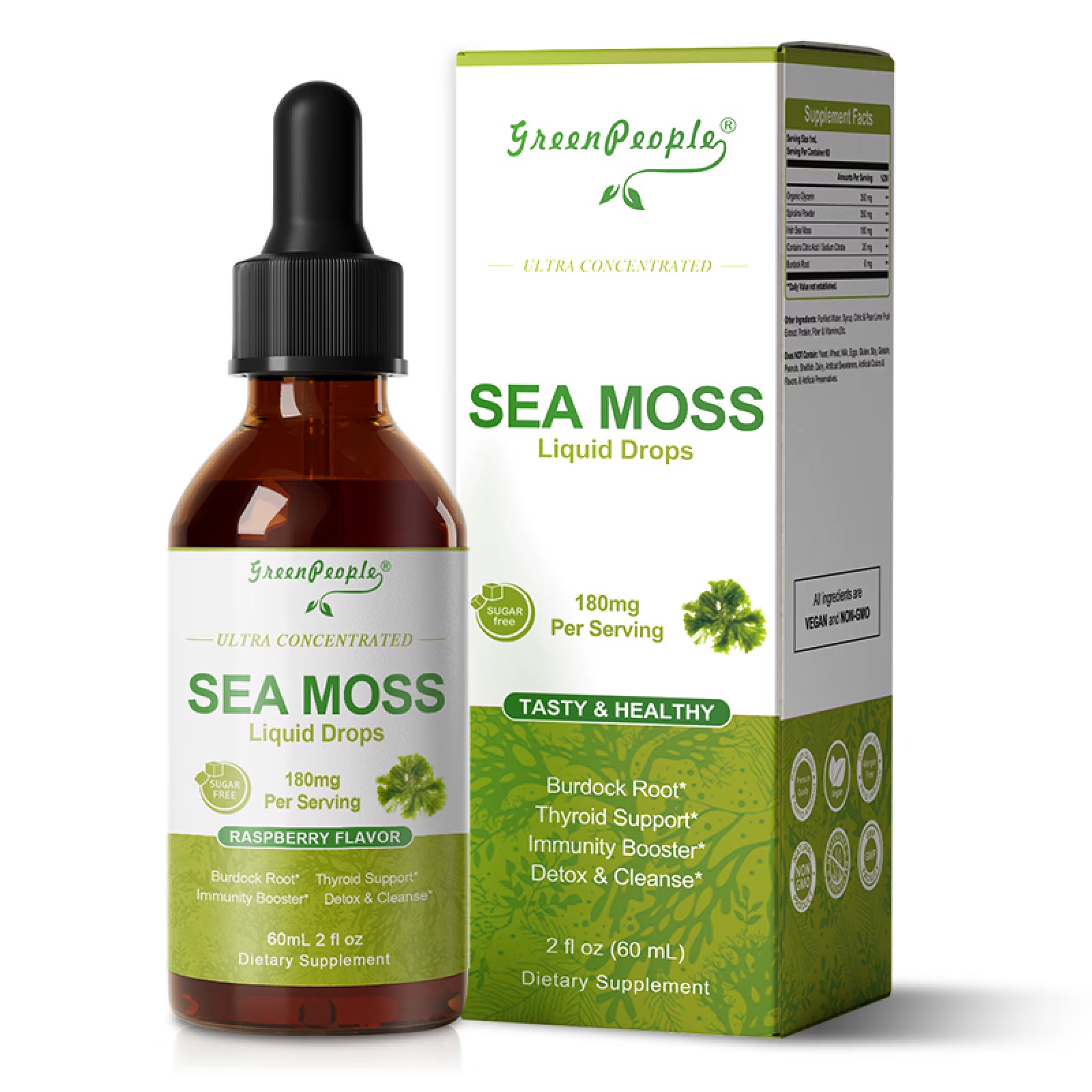 GreenPeople Irish Sea Moss liquid drops with burdock root and spirulina, 2 fl oz bottle showing the supplement in a dropper bottle
