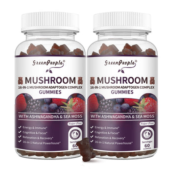 Mushroom Gummies & Ashwagandha Gummies | 10x Mushroom Supplement Complex w/Lions Mane, Cordyceps, Chaga |Supports Immune,Energy,Cognitive & Focus | MixBerry Vegan, Sugar-Free 60 CT 2 Packs