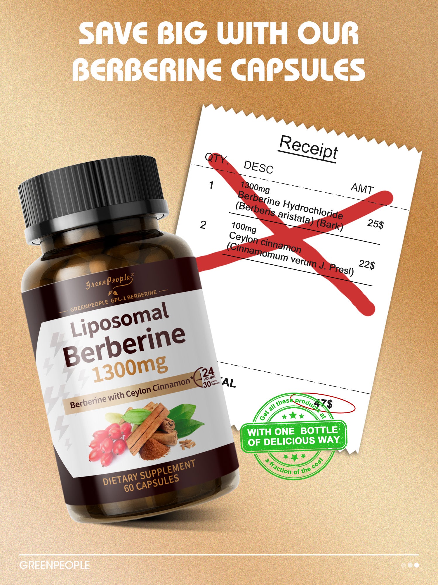 Liposomal Berberine HCl 1300mg with Ceylon Cinnamon – High Absorption, AMPK & GLP-1 Activator – 60 Vegan Capsules - GreenPeople