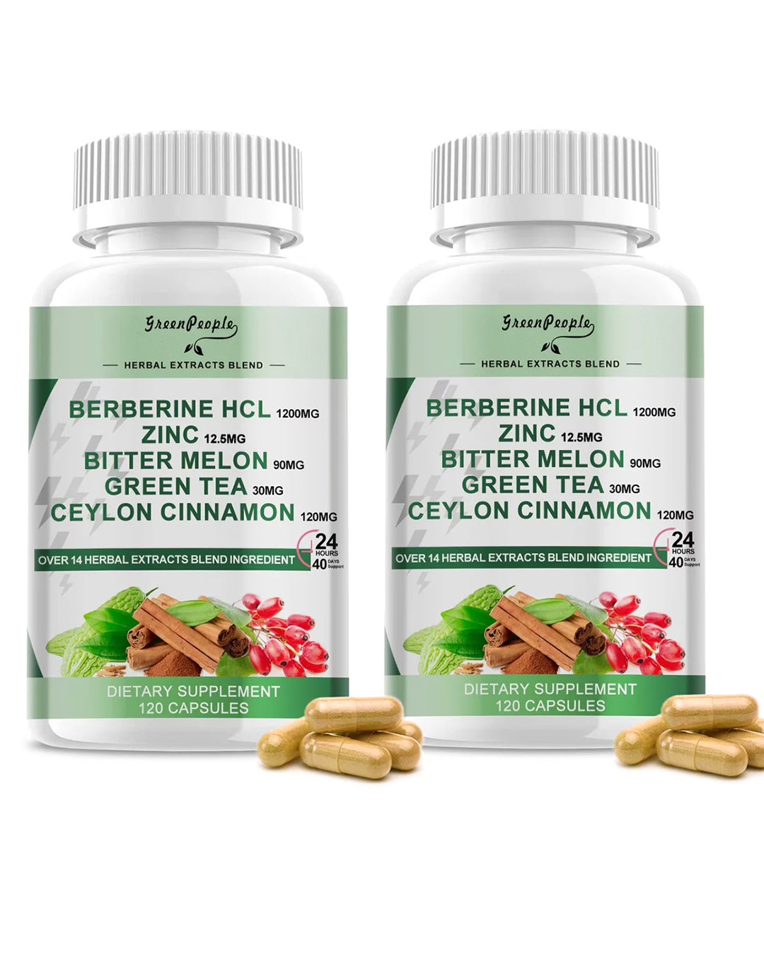 (2 Pack) Berberine HCL 1200mg, 120 Capsules Berberine Supplement- Plus Bitter Melon Extract & Ceylon Cinnamon for Immune System - GreenPeople
