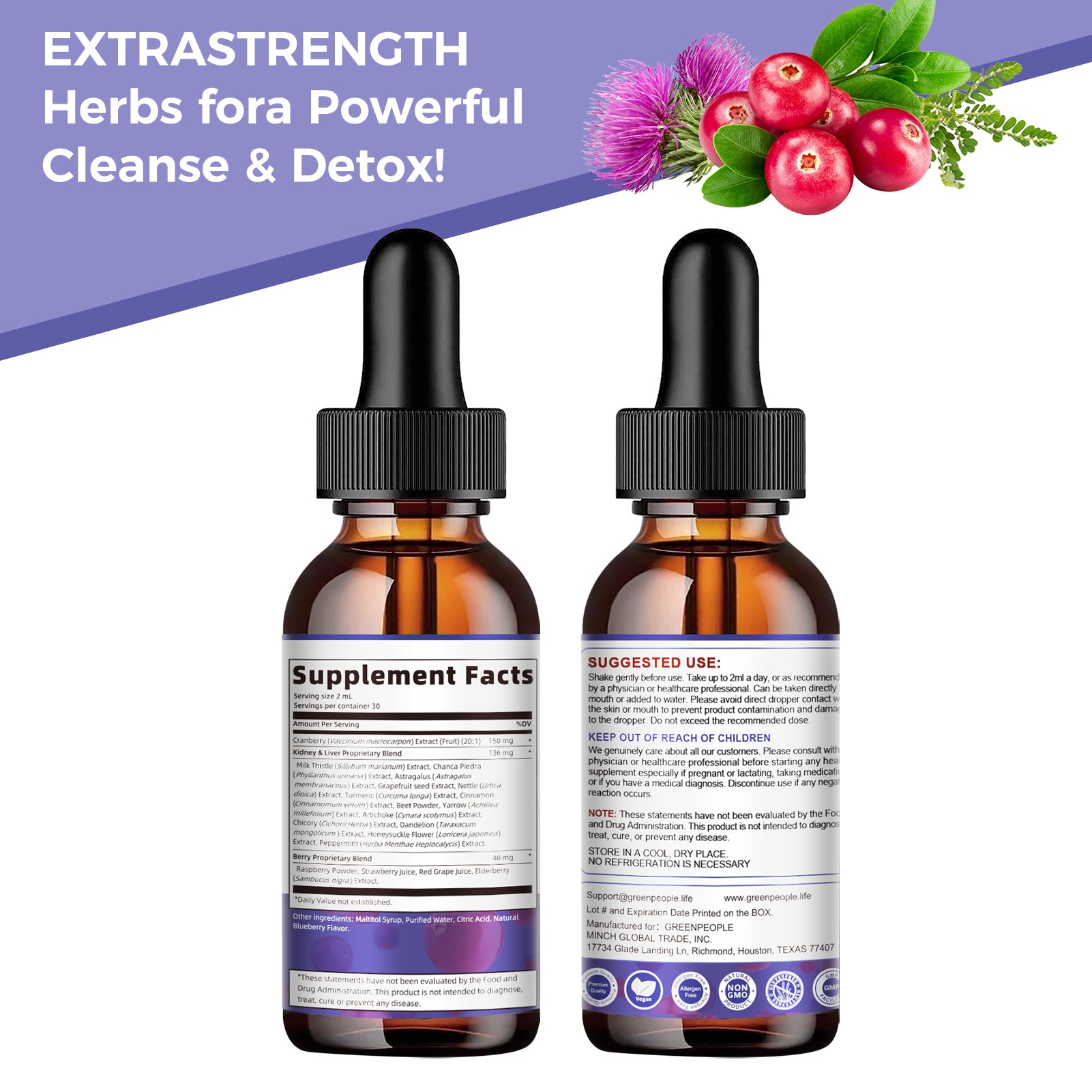 GreenPeople Advanced 27-in-1 Kidney and Liver Cleanse Drops in a 60mL bottle, showing the product with dropper and label.