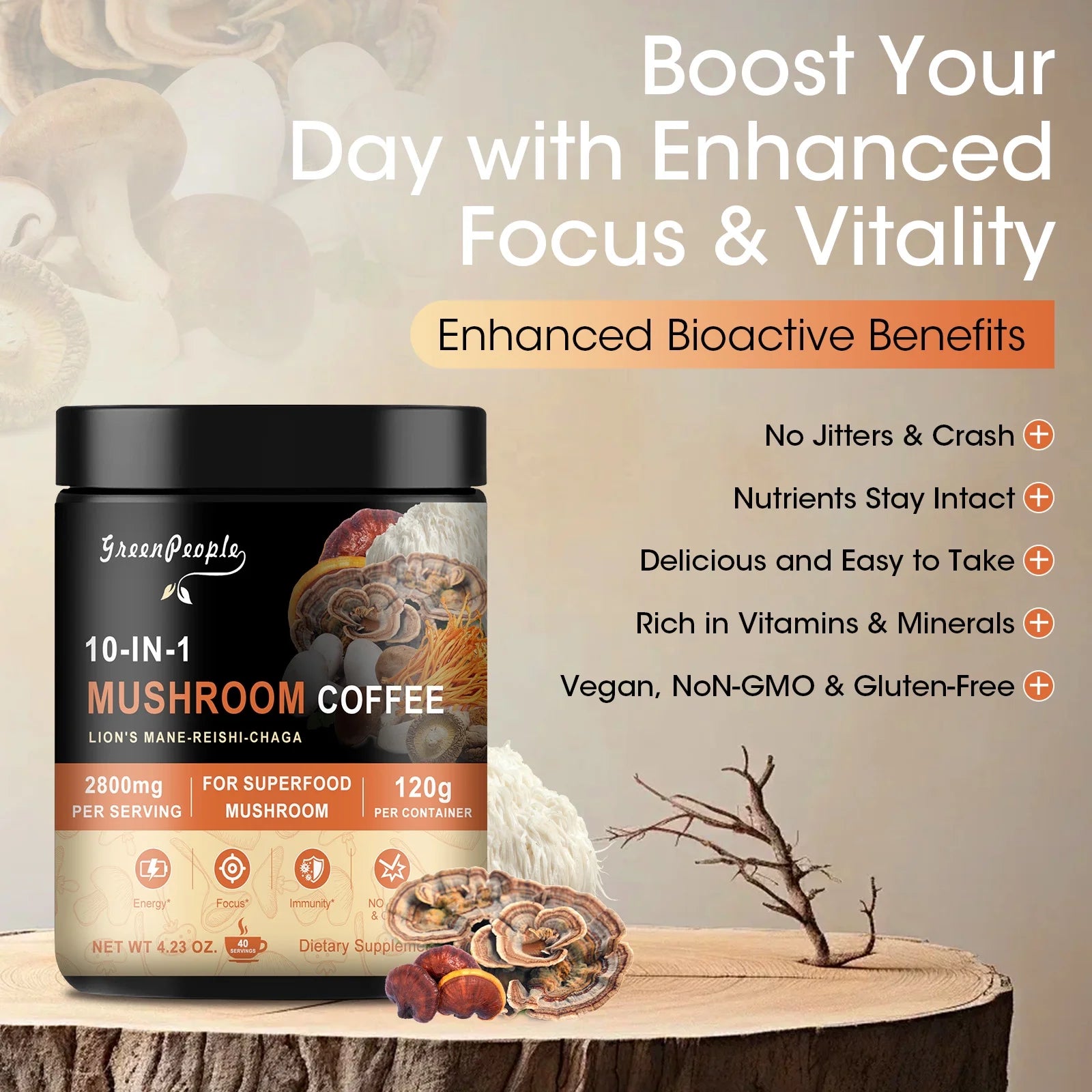 GreenPeople 10 in 1 Mushroom Coffee | Energy, Focus & Immune Support | 4.23 Oz - GreenPeople