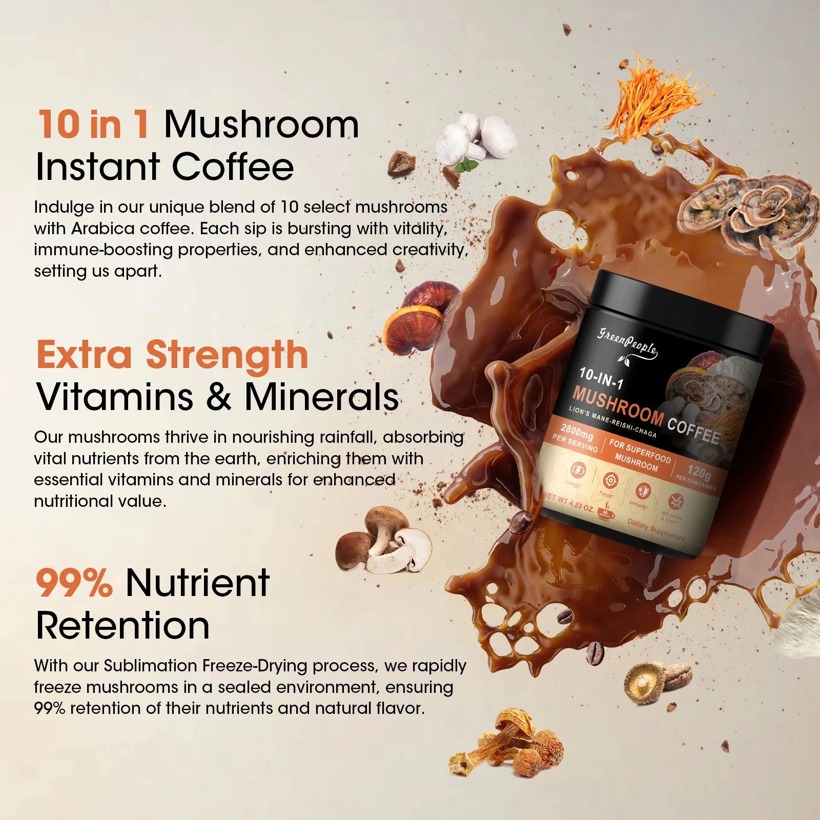 GreenPeople 10 in 1 Mushroom Coffee | Energy, Focus & Immune Support | 4.23 Oz - GreenPeople