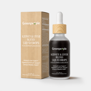 GreenPeople 20-in-1 Kidney & Liver Drops 60mL bottle, showing the product label and dropper cap on a white background.