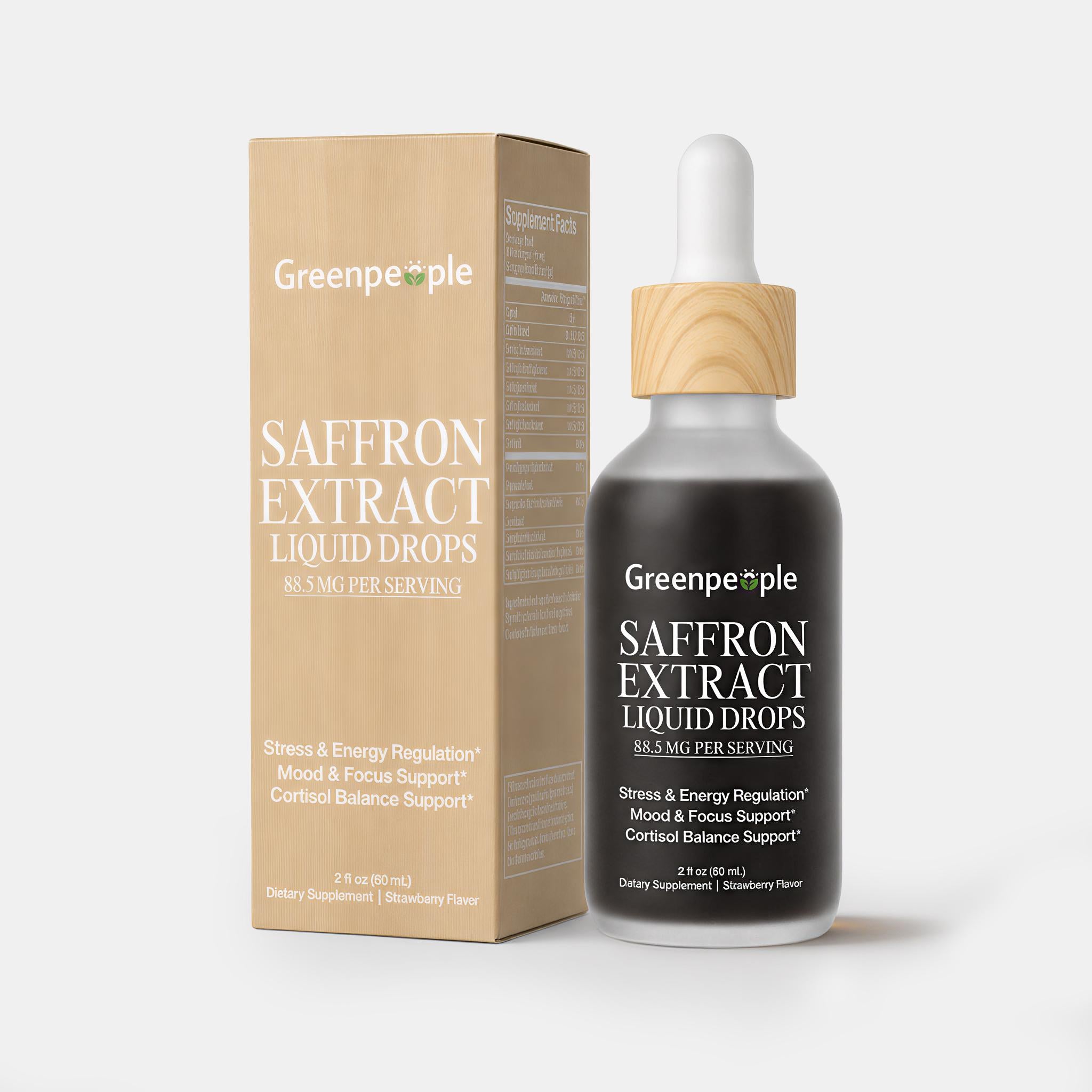 GreenPeople 24-in-1 saffron extract drops in 2 fl oz bottle, featuring a dropper for easy use and natural saffron infusion.