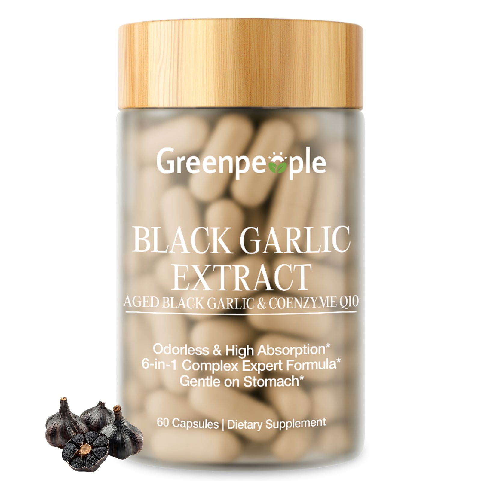 GreenPeople aged garlic supplement with COQ10 capsules for heart and immune support, shown in a bottle with 60 capsules.