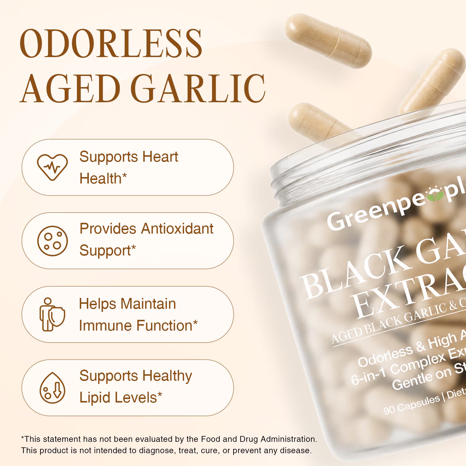 GreenPeople aged garlic supplement with COQ10, 90 capsules, for heart and immune support, featuring natural garlic cloves and supplement bottle.