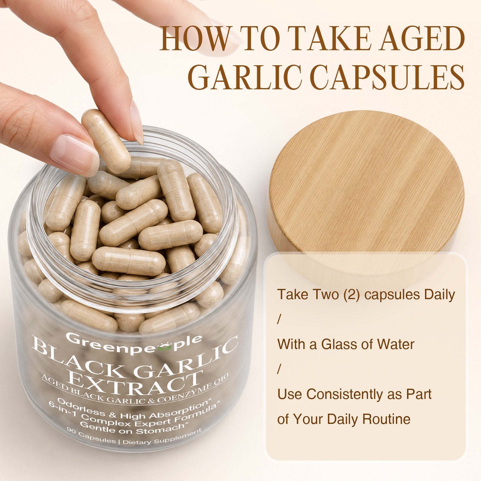 GreenPeople aged garlic supplement with CoQ10 capsules for heart and immune support, shown in a bottle with 90 capsules.