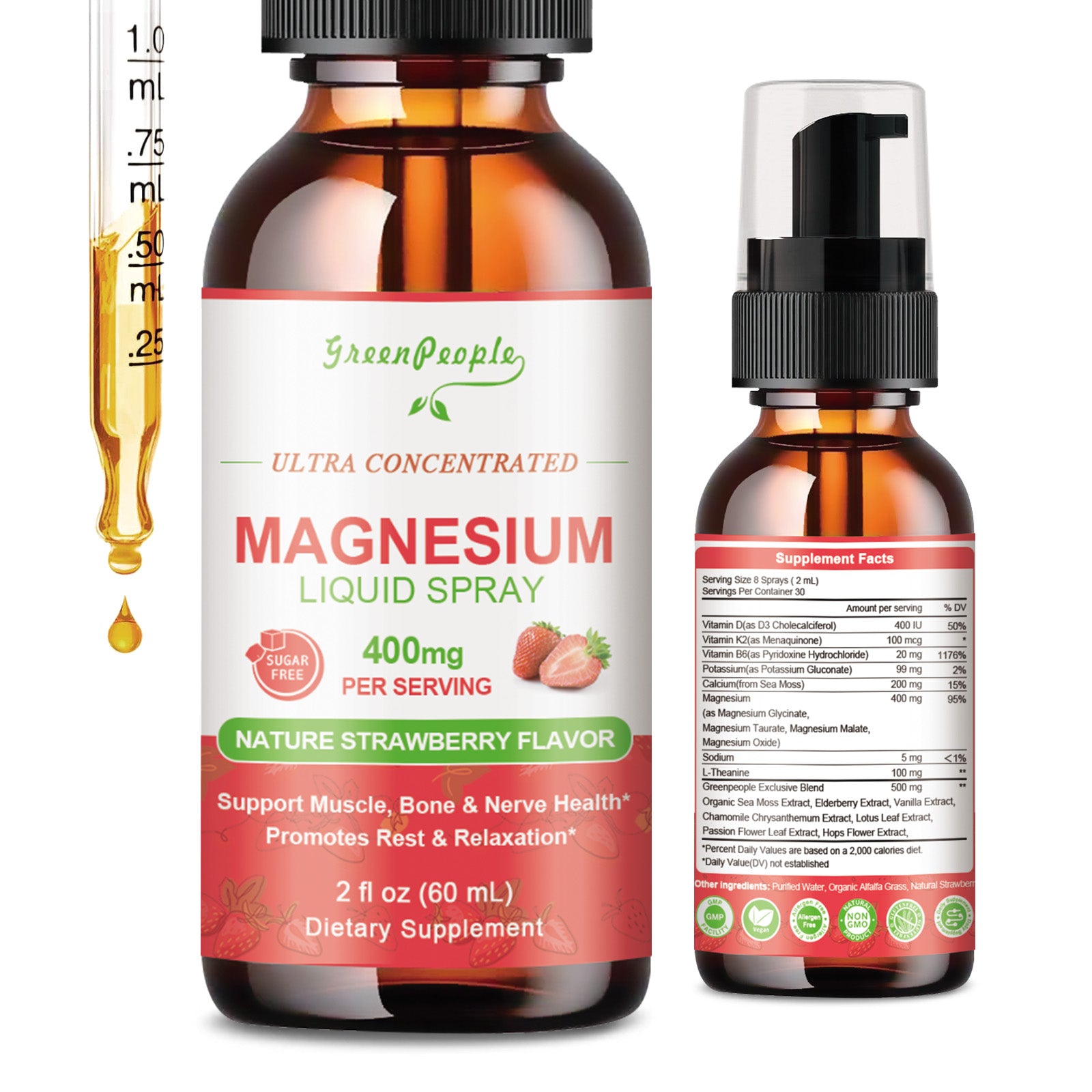 GREENPEOPLE Magnesium Complex Liquid Spray Strawberry Flavor 400mg of Magnesium Glycinate, Taurate, Malate & Oxide