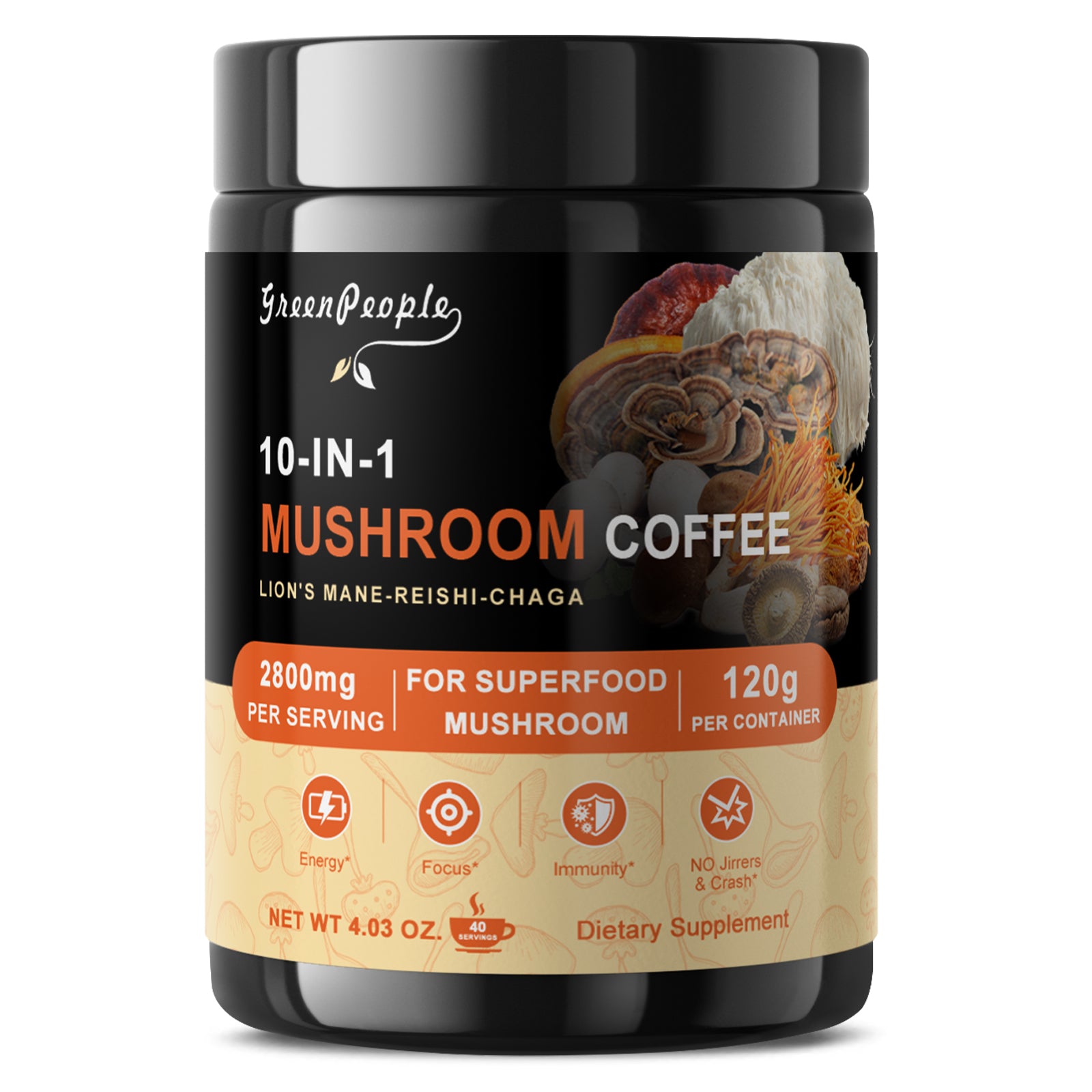 GreenPeople 10 in 1 Mushroom Coffee | Energy, Focus & Immune Support | 4.23 Oz - GreenPeople