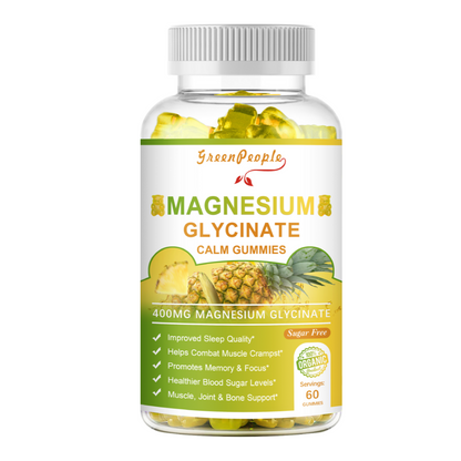 GreenPeople Magnesium Glycinate Gummies with Citrate 1000mg Supplement with Vitamin D, K2 for Calm Mood & Zzz Support - 60 Pineapple Gummies