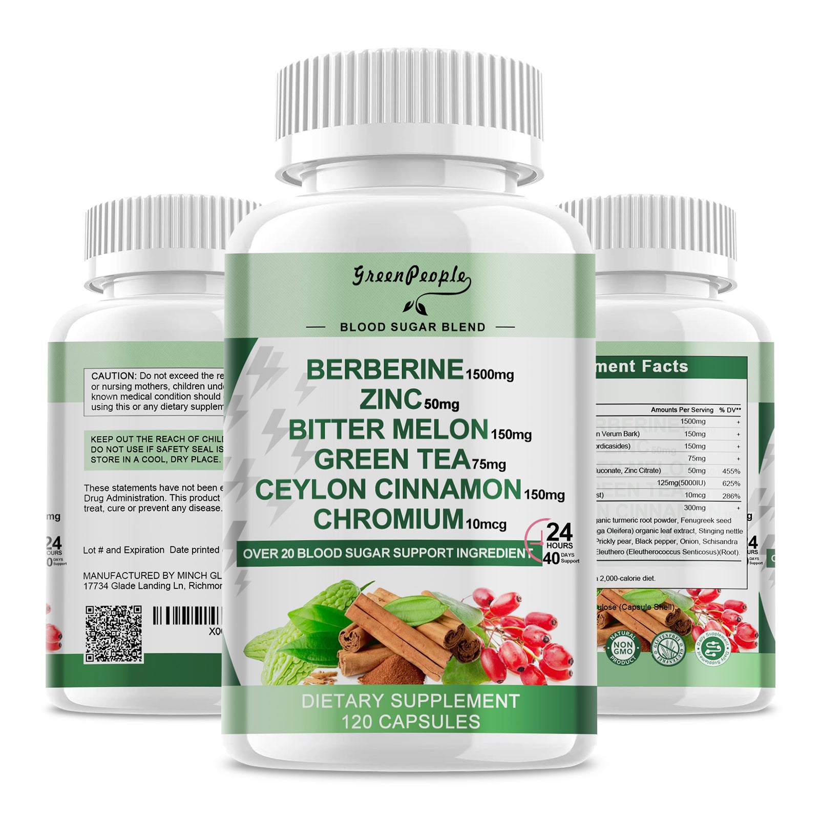 GREENPEOPLE Berberine Supplement  Capsules with Bitter Melon, Chromium, Zinc & Other Natural Herbs