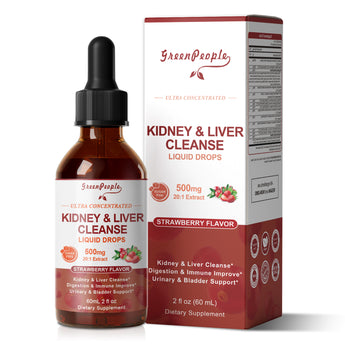 GreenPeople Kidney and Liver Cleanse Detox & Repair Drops | 27-in-1 Kidney Support Supplement with Cranberry 20:1 + Milk Thistle | Urinary Tract & Liver Support | Vegan, Strawberry Flavor 2 Fl(2 Pack)