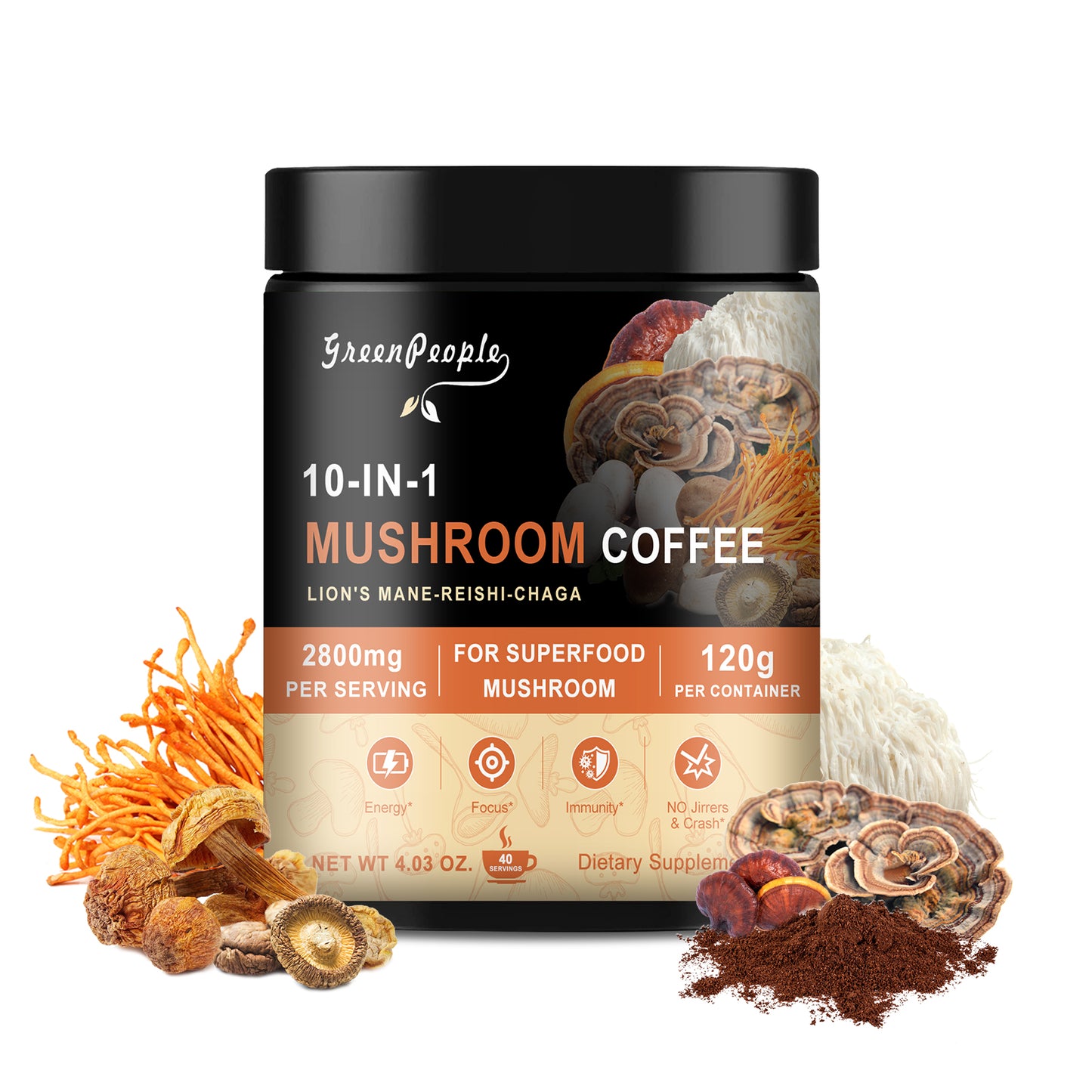 GREENPEOPLE 10 in 1 Mushroom Premium Arabica Instant Coffee with Lion’s Mane, Reishi, Turkey Tail & More