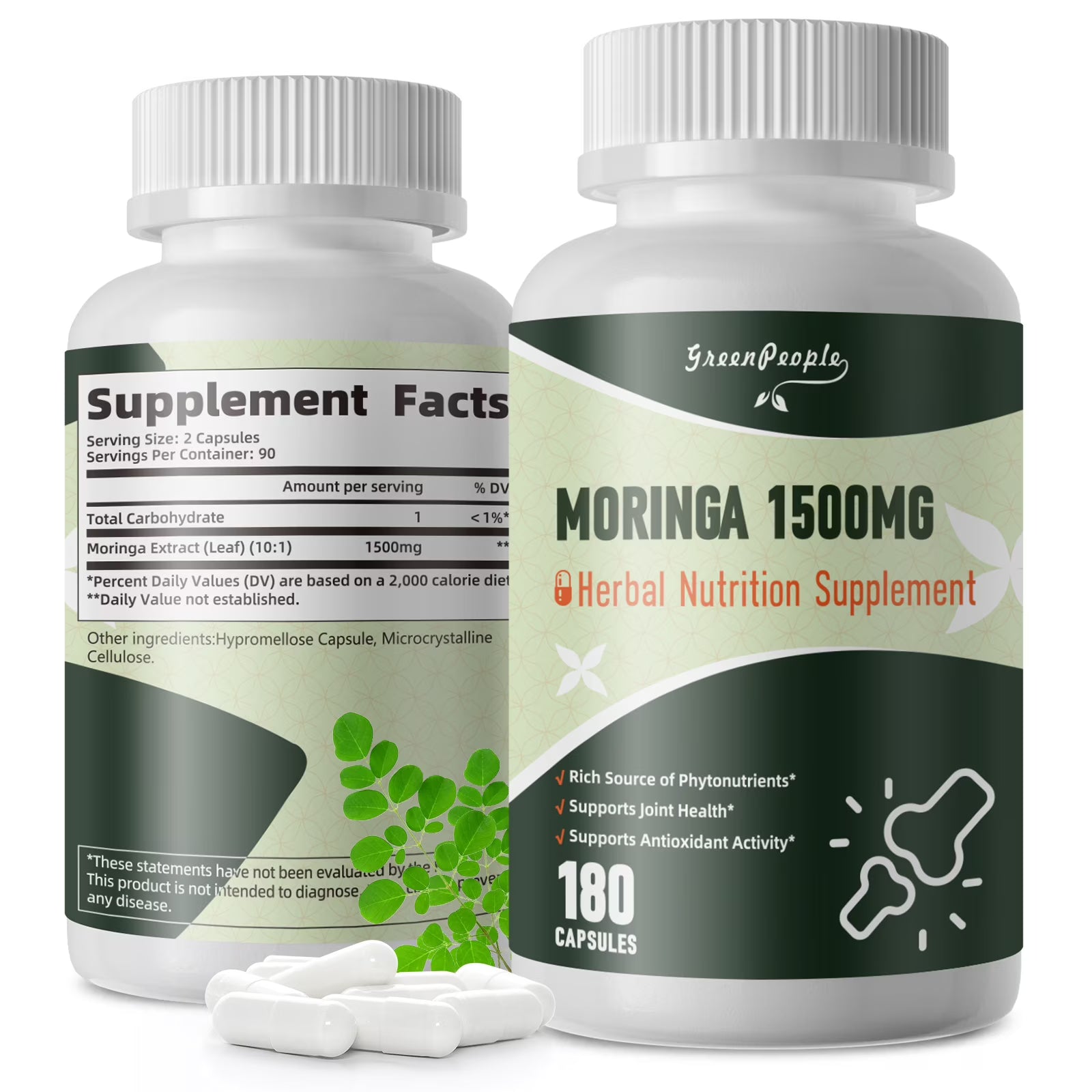 GreenPeople Moringa Pure Capsules with green Moringa powder and leaf extract, 180pcs, natural green supplement in capsule form.
