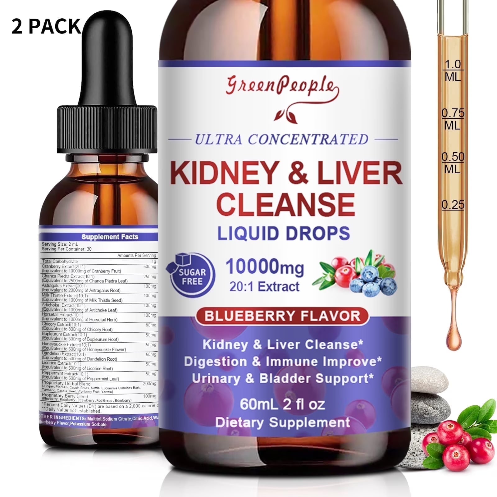 Two bottles of GreenPeople 27-in-1 kidney and liver support liquid drops with cranberry extract and blueberry flavor, non-GMO.