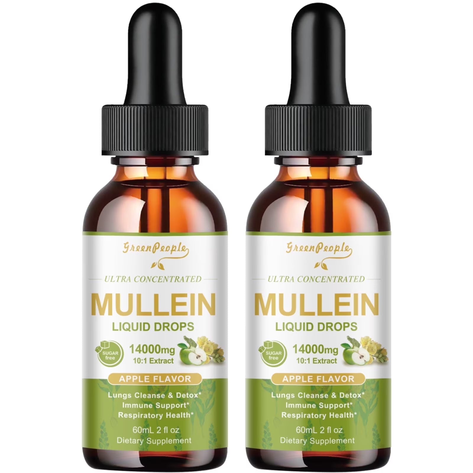Two bottles of GreenPeople vegan mullein leaf extract lung cleanse drops with apple flavor, 4 fl oz, for lung health and immune support.